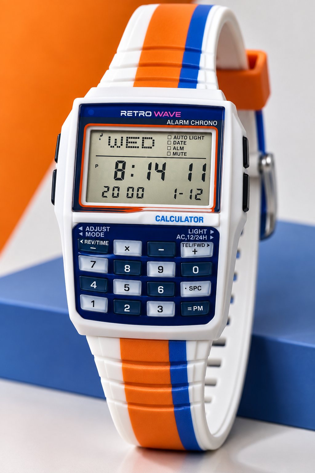 RetroWave calculator watch in Blue, front view, white case with a navy face and striped strap