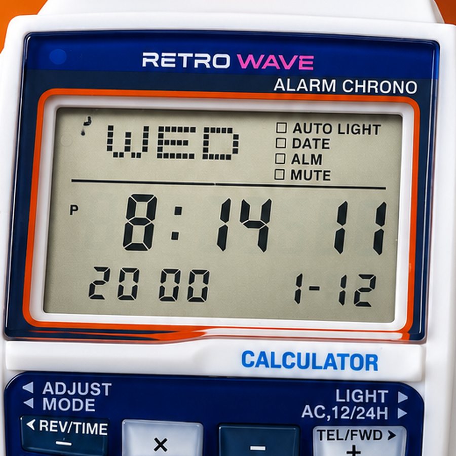 Close-up of the LCD on the Blue RetroWave watch showing day, time and date