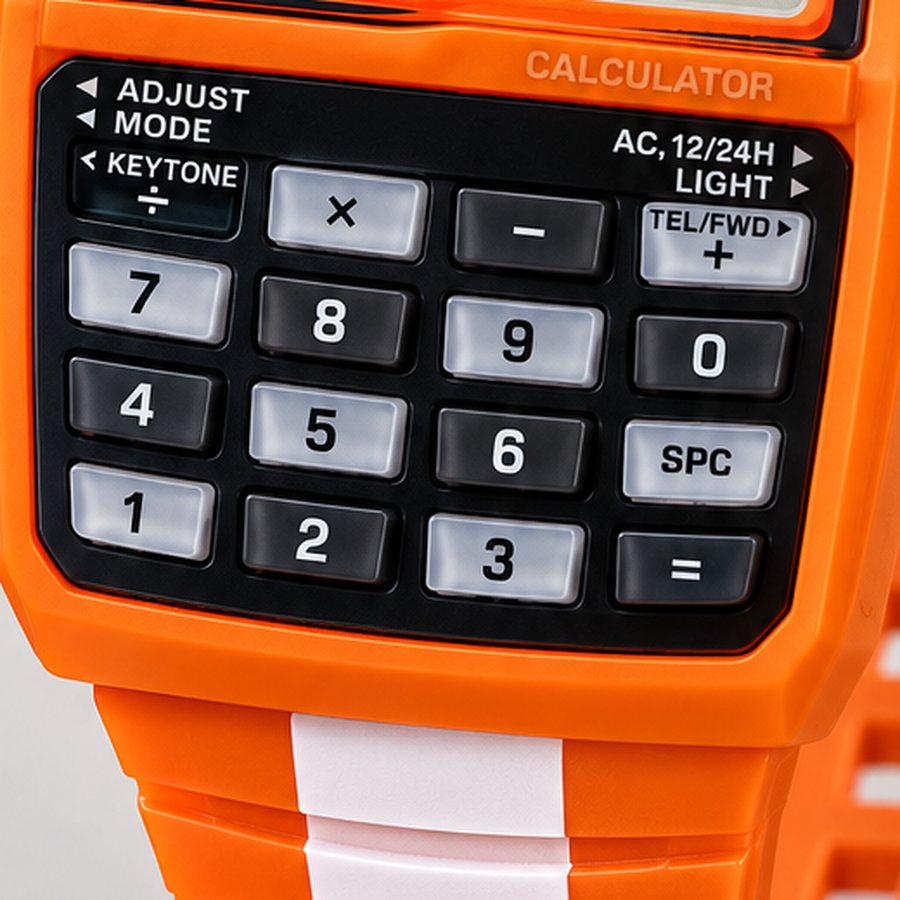 Close-up of the calculator keypad on the Orange RetroWave watch