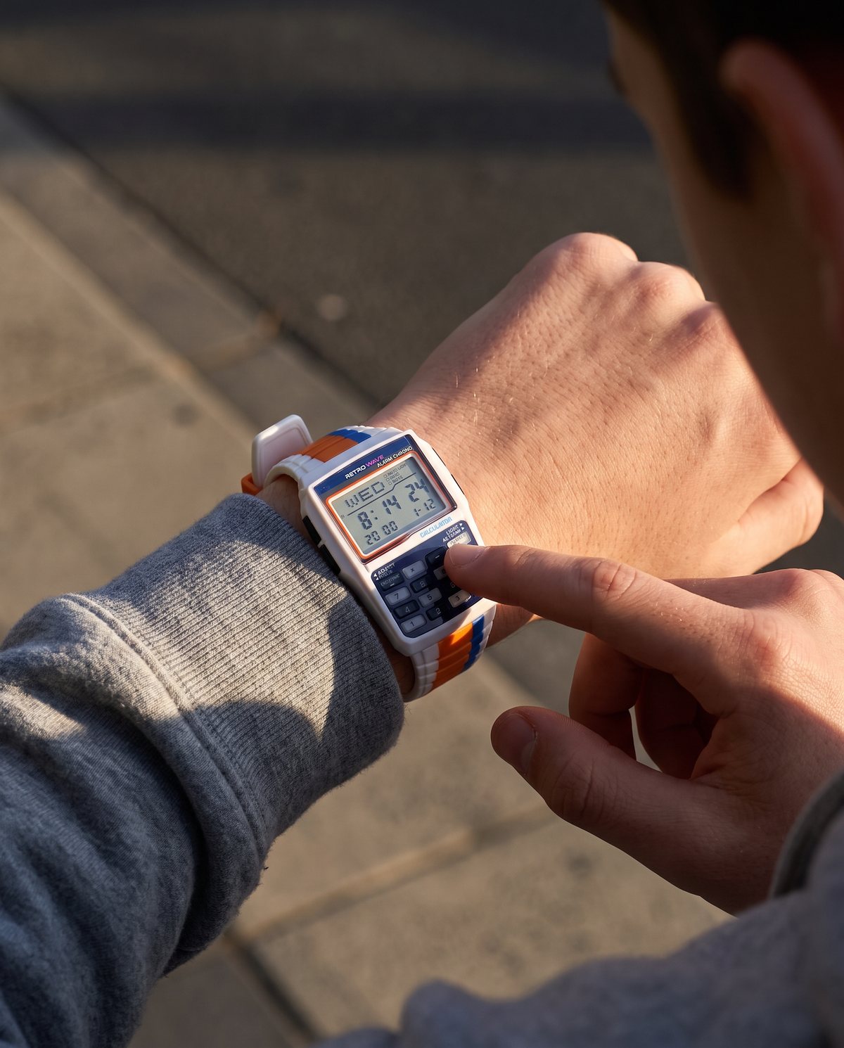 Finger pressing a key on the Blue RetroWave calculator watch