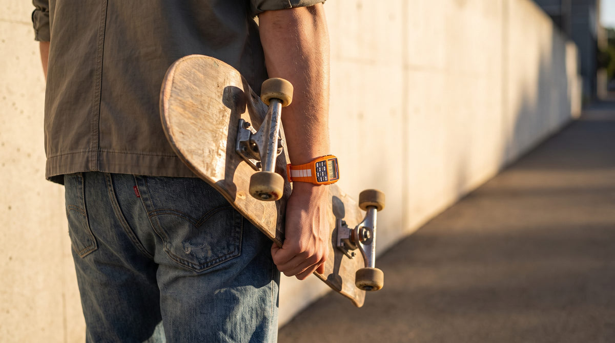 Skater walking along a sunlit wall with a board under one arm, orange RetroWave watch on the wrist