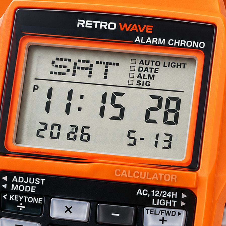 Close-up of the LCD showing day, time and date