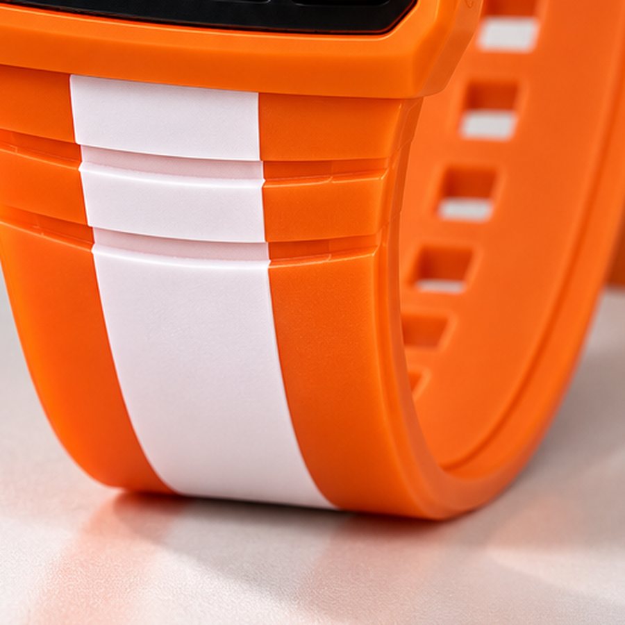Close-up of the orange strap with its white racing stripe