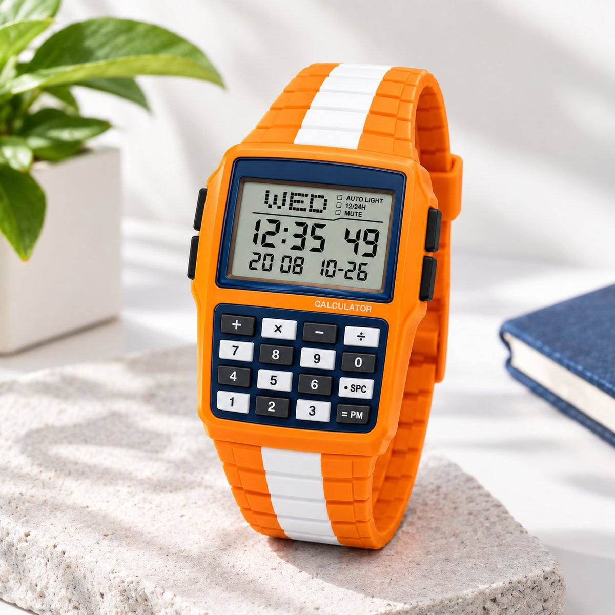 Orange RetroWave calculator watch standing on a stone block in daylight
