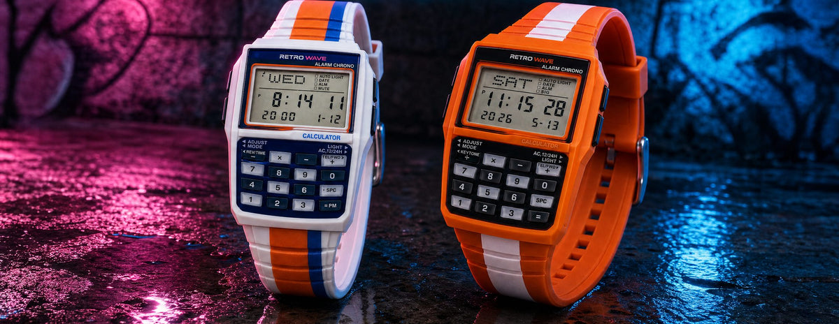 Both RetroWave watches on wet ground under pink and blue neon light