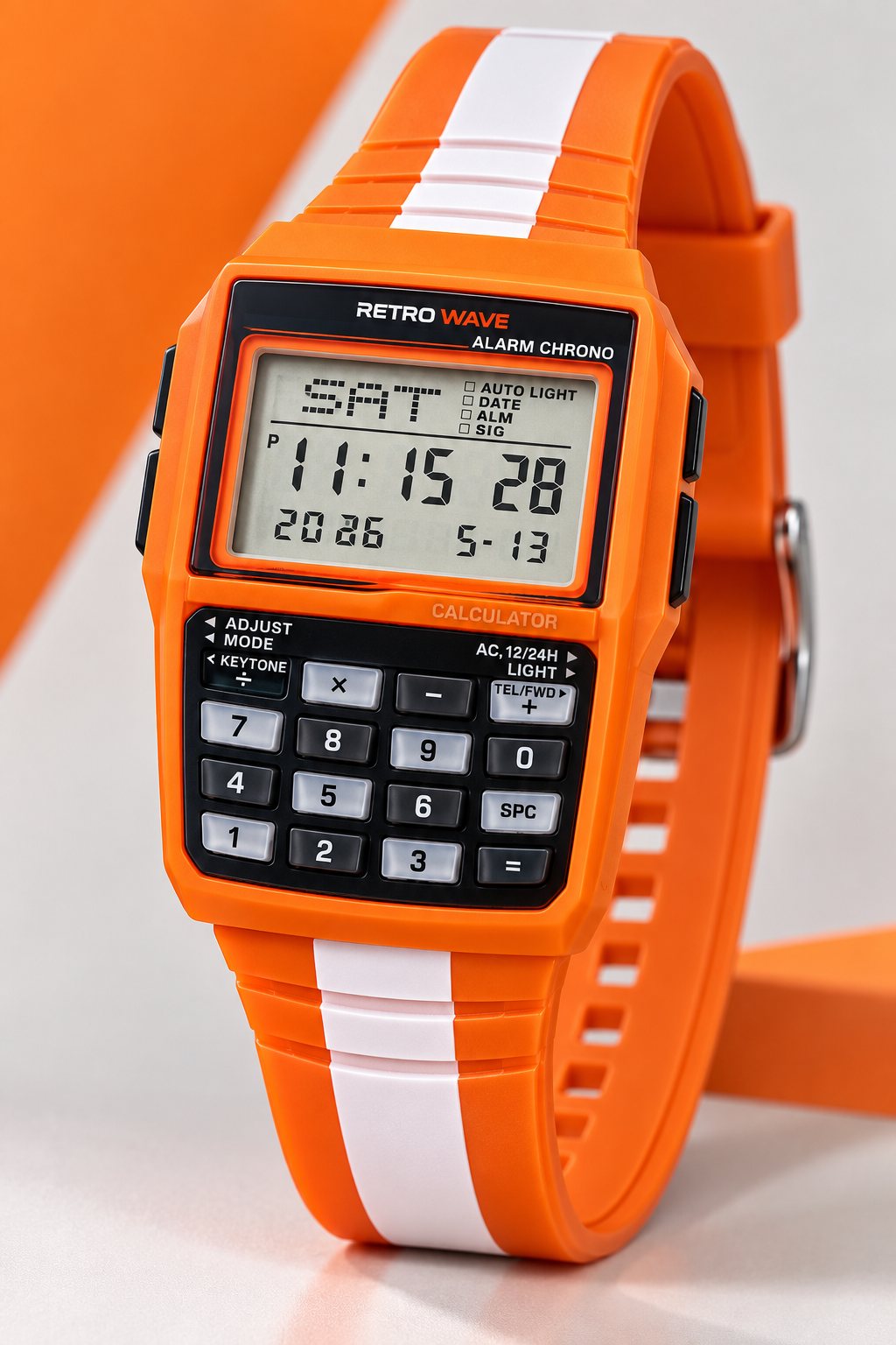 RetroWave calculator watch in Orange, front view, with a white racing stripe on the strap