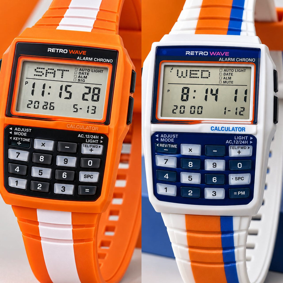 RetroWave calculator watch in Orange and in Blue